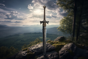 Fantasy image of a knight's medieval sword with an ornate hilt and the blade stuck in a rock on a mountain ledge with an overcast sky and sunlight behind it.