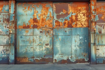 Vintage Rustic Metal Garage Door with Peeling Paint and Textured Weathering Ideal for Background