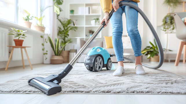 closeup of person using vacuum cleaner at a living room