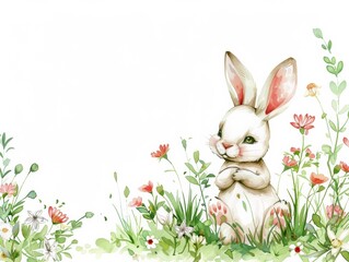 A charming watercolor illustration of a cute rabbit surrounded by vibrant springtime flowers with ample white space