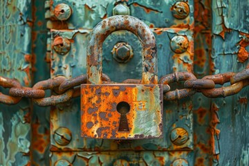 Vintage Rusty Padlock on Weathered Blue Door with Oxidized Metal Chain - Textured Security Concept Background