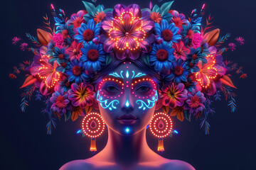 neon floral crown silhouette, cinco de mayo festive concept, mexican culture - obrazy, fototapety, plakaty