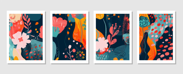 set of vector backgrounds featuring tropical leaves suitable for wall decoration, postcard designs, or brochure covers.