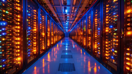 Obraz premium In a modern data center corridor, high-speed servers are bathed in blue LED lights.