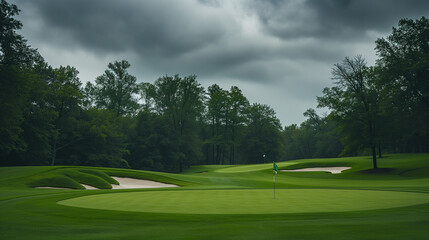 Obraz premium Backdrop of a dramatic cloudy sky, a vibrant green golf course awaits, its meticulously manicured grass, strategically placed sand bunkers, the perfect setting for a challenging round of golf.