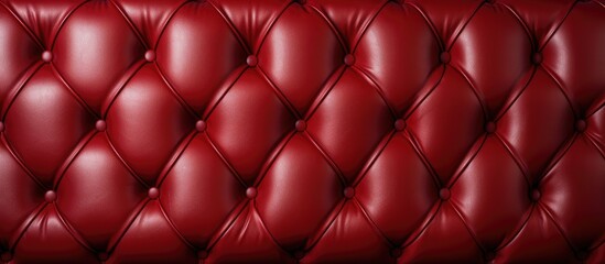 A detailed view of a vintage red leather couch with button texturing, showcasing its rich color and luxurious material.