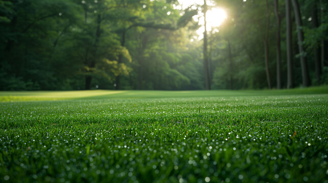 Captured in the gentle morning light, a close-up image showcases a dew-covered golf green, with the sun flare piercing through the trees, casting a radiant glow on the tranquil scene.