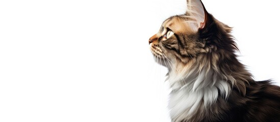 A single cat is gazing up at the stark white background in a minimalist setting. The cats eyes are focused on something above, creating a sense of curiosity and alertness.
