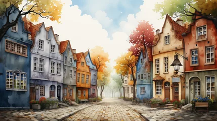 Fototapeten A watercolor painting capturing the charm of a quaint street lined with colorful townhouses and cobblestone paths. © NaphakStudio