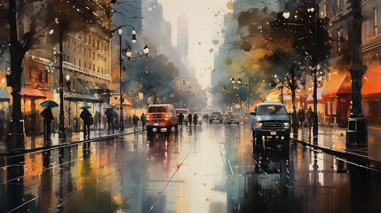 Watercolor illustration vividly captures a rainy city street scene with pedestrians under umbrellas and the glow of warm street lights.