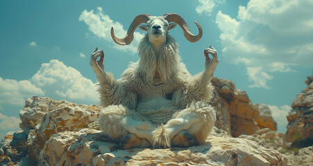 White mountain goat on a rocky mountain. Anthropomorphic ram male is sitting cross-legged and meditating on the highest peak of the mountain. Ohm yoga position.