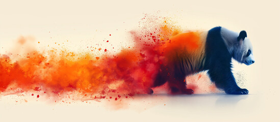 Black and white panda bear emerging from a colorful cloud of gradient orange and red neon splash of...