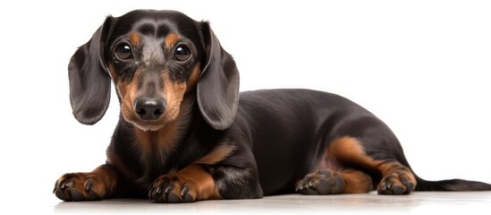 A one-year-old Dachshund, with black and brown fur, is seen laying down on a white floor.