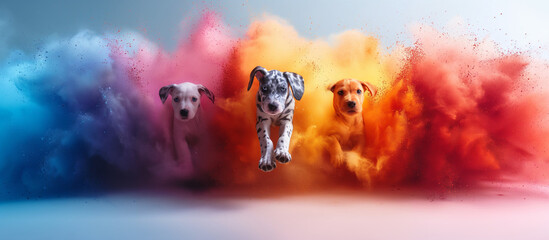 Three puppies running through colorful smoke. Two dalmatian puppies and one brown retriever puppy running through a cloud of neon powder. In style of dynamic pet vet store shop banner advertisement. - obrazy, fototapety, plakaty