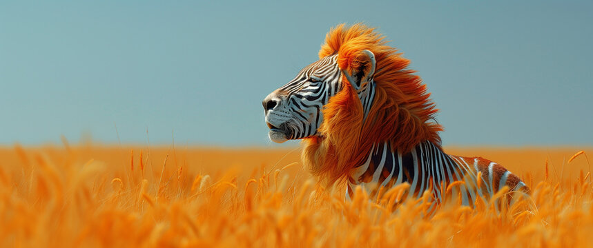 Zebra lion in the field. Lion disguised as a zebra in style of camouflage. Lion with an identity crisis. Orange field with a blue summer sky background. 