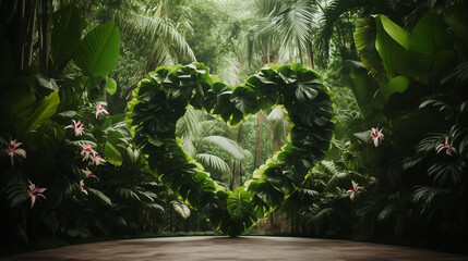 Heart shaped green tropical rainforest photo backdrop. Photo backdrop made from philodendron monstera leaves in the shape of a large heart, with rainforest trees and lilly flowers summer background. - obrazy, fototapety, plakaty
