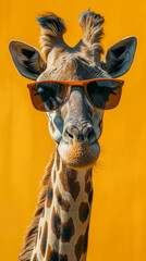 Giraffe with orange sunglasses, sunshades. Head shot of a giraffe isolated on an orange background. Minimal concept. - obrazy, fototapety, plakaty