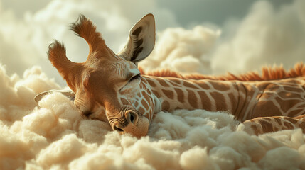 Baby giraffe peacefully sleeping on a cotton cloud. Warm colors. In style of dreamlike cloudscapes. - obrazy, fototapety, plakaty