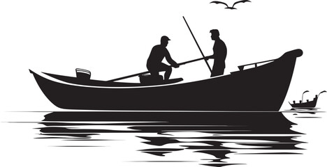 Nautical Nomad Vector Logo Design with Fisherman on Small Boat River Roamer Small Boat Fisherman Icon in Vector