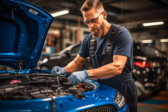 A mechanic man in a blue jumpsuit is working on a car engine