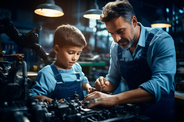 father and son working on a car piece in a garage