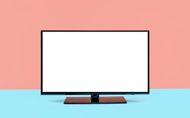 TV 4K flat screen lcd or oled, White blank HD monitor mockup,  television with cutout screen on mint blue floor on colorful wall background.