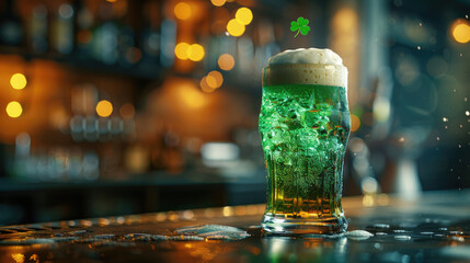 A glass of green ale on the bar counter. Design for St. Patrick's Day. St. Patrick's day holiday celebration. AI generated