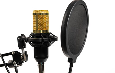 Microphone recording shoot in studio isolated on white background. - obrazy, fototapety, plakaty