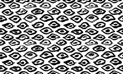 Abstract seamless pattern with hand drawn black ink brush stroke eyes shapes. Ethnic drawing monochrome naive leaves print for textile design, wrapping paper, surface, wallpaper