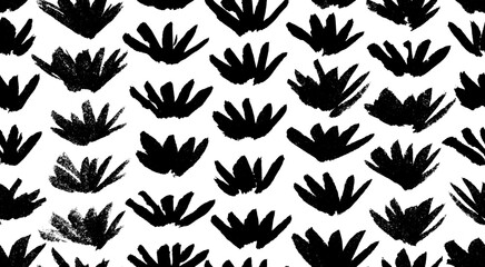 Monochrome seamless pattern with hand drawn black ink brush stroke grass bush shapes. Abstract botanical drawing naive bushes print for textile design, wrapping paper, surface, wallpaper