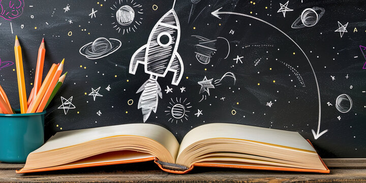 Open book, in the background drawings of a rocket taking off, planets  and stars