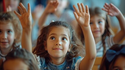 Students are raising their hands in the classroom
