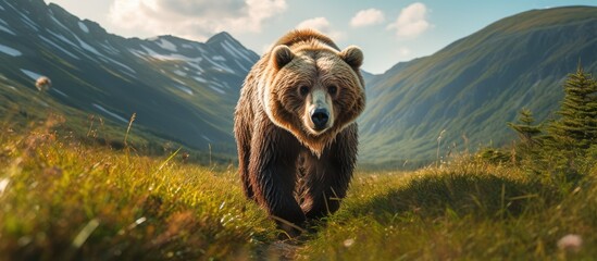 A Kodiak brown bear, a terrestrial carnivore with thick hair, is strolling through a grassy field with mountains in the background under a cloudy sky