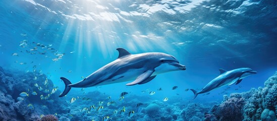 Fototapeta premium A pair of Common dolphins gracefully swim in the electric blue liquid world near a coral reef. Their sleek fins cut through the water as they play in their underwater paradise