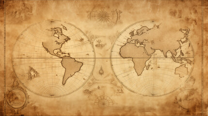 Fototapeta na wymiar Retro World Map with Eastern Hemispheres and Classic Exploration Imagery