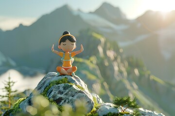 Animated Girl on Mountain Top in Zen Style, An inspiring and uplifting piece of digital art that showcases a character standing on a mountain top, - obrazy, fototapety, plakaty
