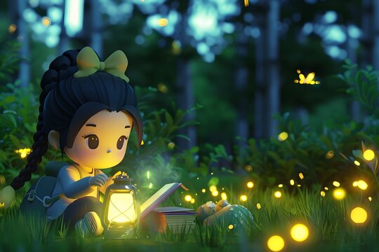 Girl Reading with Lantern in Forest, To convey a sense of curiosity, adventure, and the joy of learning, this image is great for educational and