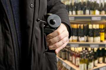 theft incident as a shoplifter attempts to steal a bottle of alcohol equipped with a Magnetic RF Bottle Tag security device, shoplifting anti-theft protection in-store operations.