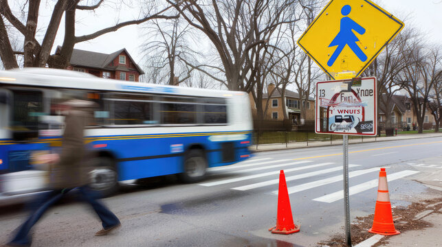 Pedestrian and blurred bus passing by a school crossing sign with orange traffic cones on a cloudy day