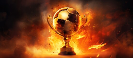 A soccer ball is shown ablaze with fire against a stark black backdrop, symbolizing intense energy and competition. The burning ball represents the passion and drive required to be a winner in sports.