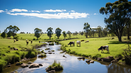 Idyllic Rural Scene of Cattle Grazing in a Green Pasture against a Blue Sky - obrazy, fototapety, plakaty