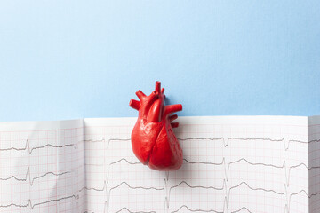 Red heart and electrocardiogram on a blue background. Medical banner for cardiology center or clinic. Selective focus, space for text