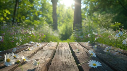 Wooden boards for product display in a spring natural environment with flowers