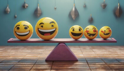 emoji emoticons vertically arranged with seesaws, emotional control for career success and wellbeing concept, 3d render illustration - obrazy, fototapety, plakaty