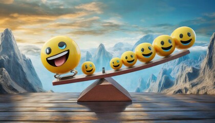 emoji emoticons vertically arranged with seesaws, emotional control for career success and wellbeing concept, 3d render illustration