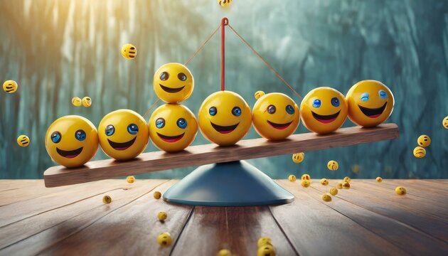 Naklejki emoji emoticons vertically arranged with seesaws, emotional control for career success and wellbeing concept, 3d render illustration