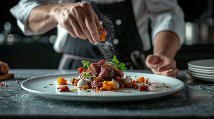 Obraz na płótnie Canvas a chef forming a white plate Hungary’s Goulash, in the style of luxurious textures, wimmelbilder, sharp & vivid colors, selective focus, shaped canvas, groundcore, tachist generative ai