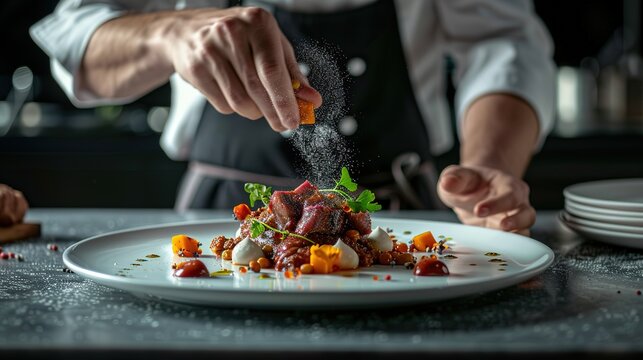 a chef forming a white plate Hungary’s Goulash, in the style of luxurious textures, wimmelbilder, sharp & vivid colors, selective focus, shaped canvas, groundcore, tachist generative ai