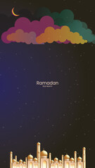 Social media post idea ramadan kareem background, with mosque and beautiful sky in the dark night illustration