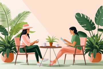 In a lush tropical garden cafe, two young women relax - one immersed in a captivating book, while the other is deeply engrossed in texting on her phone.